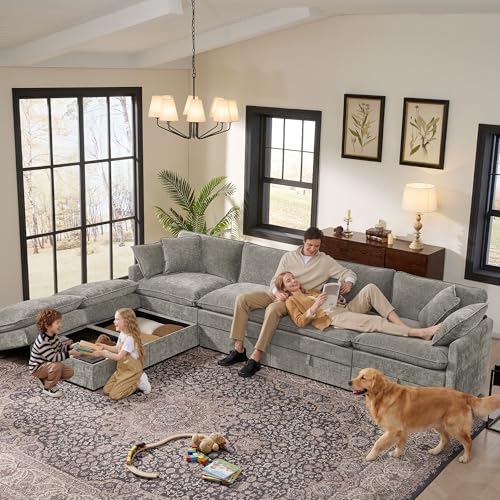 Image of Ihanherry 135 inch Modular Sectional Sofa with Storage, U Shaped Cloud Couch with Movable Ottomans & 4 Pillows, Chenille Deep Seat Sectional Couches for Living Room, Apartment (Grey)