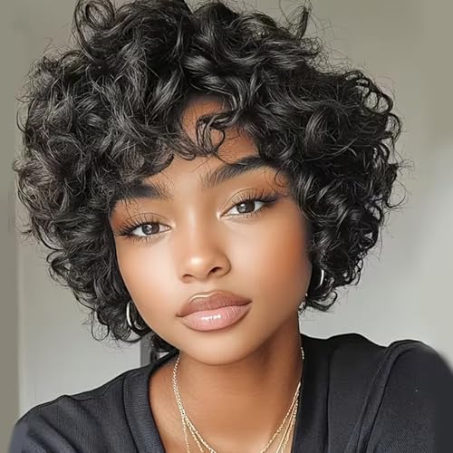 Ladyrite Short Bob Wig with Curly Kinky Afro Texture & Bangs - 150% Density Human Hair Glueless No-Lift Bonding & Rose Net for African & All Beige Tones Easy Put On & Go