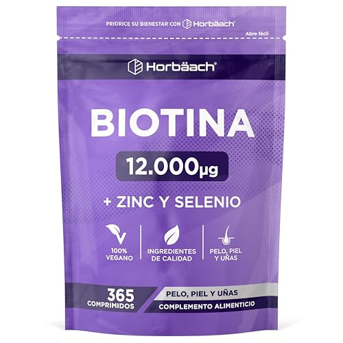Biotina Zinc Selenio Complex para el Cabello 12.000 mcg | 4 Meses de Suminsitro - 365 Comprimidos Veganos | Complejo de Vitaminas para el Cabello, Piel y Uñas | Biotin Complex | de Horbaach