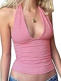 Halter Tops for Women Summer Crop Deep V Neck Blackless Tank Top Going Out Y2k Coquette Clothes Pink Plaid