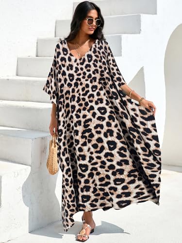 Image of Moss Rose Kaftan Dresses for Women V Neck Summer Swimsuit Cover up Caftan Maxi Beach Dresses
