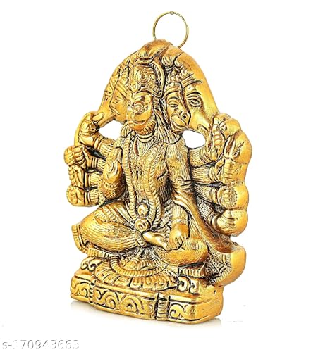 Image of Wall Hanging Metal Panchmukhi Hanuman On Leaf for Door Entrance Statue Wall Hanging Showpiece,Hanuman ji Idol Statue for Home and Office Decor Showpiece Gift (Gold, Height-14 CM)