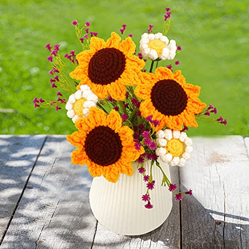 Levvohd 8 flores artificiales de punto de girasoles artificiales para decoración, lana con tallos, ramo blanco a granel, para festivales, fiestas, centros de mesa, regalo (fucsia hecho a mano)
