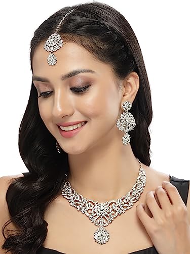 Sukkhi Magnetic Rhodium Plated Silver AD White Stone Collar Bone Necklace Set With Earring And Maangtika | Jewellery Set For Women (NS105694) - Image 3