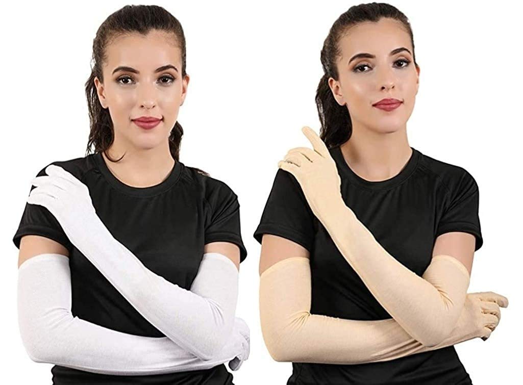 Women's White and Beige Cotton Hand Summer Gloves for Protection From Sun Burn/Heat/Pollution (Pack of 2 Pair)-image-24