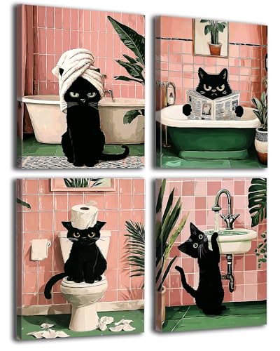 Image of Frimeeme Funny Black Cat Canvas Wall Art,Set of 4,8x10 inches,Framed