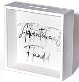 Adventure Fund Box, 9.5 x 9.5, White Shadow Box Bank Travel, Acrylic Glass & Wooden Piggy Banks for Adults, Vacation Fund Saving Money Box, Honeymoon Fund Savings Box, Wedding Gifts, Travel Fund