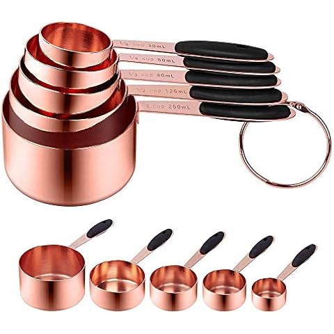 Thickened Stainless Steel Measuring Spoon Sets Kit of 5 Measuring Cups with Ring for Baking Cooking - Rose Gold (Cups-30/60/80/125/250mL) Cover