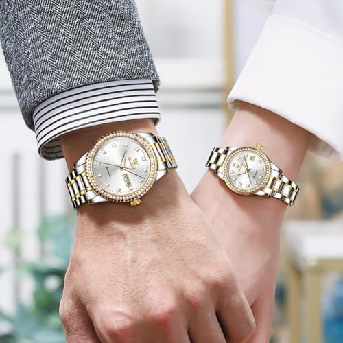 Image of OLEVS Couple Watch Men and Women His and Her Watches Set Analog Date Diamond Stainless Steel Waterproof Luminous Wrist Watch