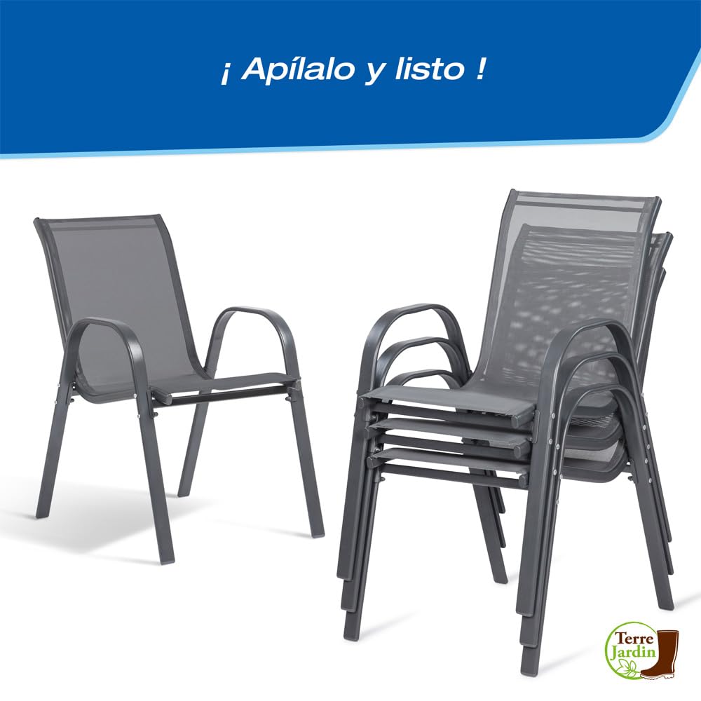 TERRE JARDIN Lot de 4 Chaises de Jardin Textilène Gris - Fauteuils Extérieur Empilables avec Accoudoirs - Chaise de Jardin Résistante UV et Intempéries pour Terrasse, Balcon