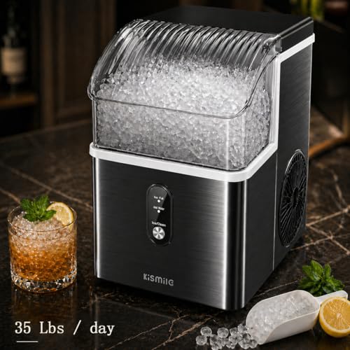 Image of Kismile Nugget Ice Maker Countertop, Sonic Ice Maker with 35Lbs /24H, First Ice in 7 Mins, 1.2L Water Tank, Ice Basket Holds 2.2Lbs, Self-Cleaning Pebble Ice Machine for Home Kitchen Office Bar(Black)