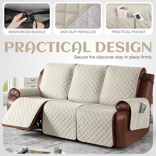 Image of KinCam Waterproof Recliner Sofa Cover, Non-Slip Reclining Couch Covers for 3 Seat, Recliner Couch Cover Furniture Protector with Elastic Straps for Pets, Kids, Ivory