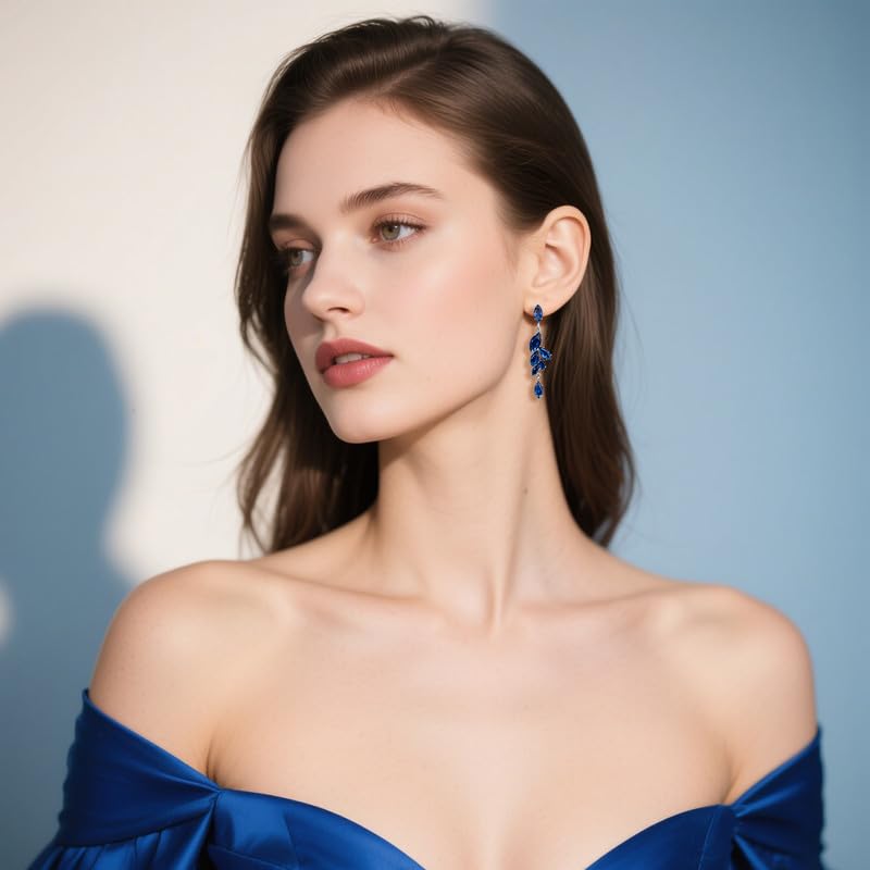 Cubic Zirconia Bridal Earrings - Sterling Silver Marquise Crystal Zircon Rhinestone CZ Cluster Floral Leaf Dangle Drop Earrings for Women Girls Wedding Party Prom Bride Bridesmaids Jewelry2