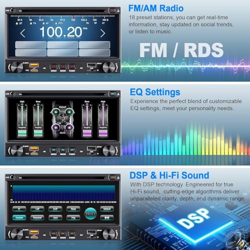 7'' QLED Double Din CD/DVD Car Stereo with CarPlay & Android Auto, Bluetooth 5.3 Car Audio Receivers, 240W 4.2 CHN 2 Subwoofers Outputs, Backup Camera, SWC, FM/AM, USB Playback & Charging - Image 6