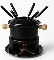 Conjunto de Fondue em Aço Inoxidável, Preto Fosco, 6 Garfos com Identificadores Coloridos, Base com Queimador, Alças em Madeira, para Queijo, Chocolate e Carnes