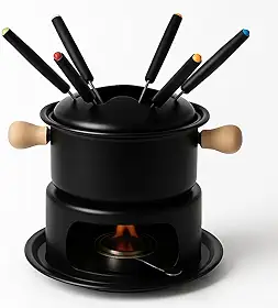 Conjunto de Fondue em Aço Inoxidável, Preto Fosco, 6 Garfos com Identificadores Coloridos, Base com Queimador, Alças em Madeira, para Queijo, Chocolate e Carnes