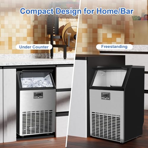 Image of Kismile Commercial Ice Maker, Freestanding Crescent Ice Maker 120lbs /24h, 30lbs Storage Bin, Full Heavy Duty Stainless Steel Construction, Ice Maker Machine for Home Bar, Coffee Shop, Business