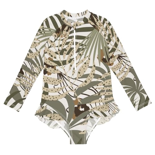 susiyo Abstract Tropical Leaves Girls Long Sleeve One Piece Swimsuits Rash Guard Bathing Suit UPF 50+ Zipper Girl Swimwear