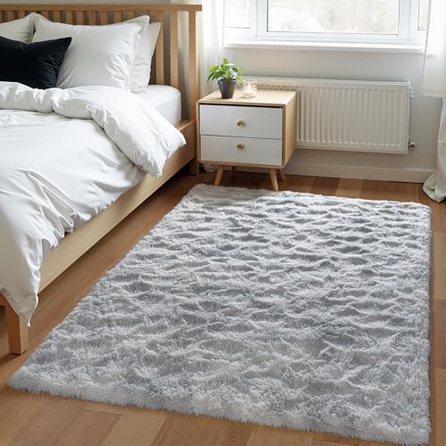 Zentavio Grey and White Area Rugs for Living Room Men Room Carpet 4x6 Bedroom Fluffy Furry Shag Aesthetic Plush High Pile Floor Rug for Kids Room Dorm Home Decor Tie-Dyed Grey White