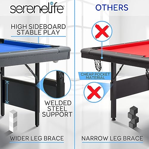 Image of SereneLife 6-Ft Folding Pool Table - Best in Stability - Steel Frame, Fully Supported Slate, Welded Leg Supports with Safety Anti Collapse Locks, 128LB Heavy Duty Billiard Game and Accessory Set