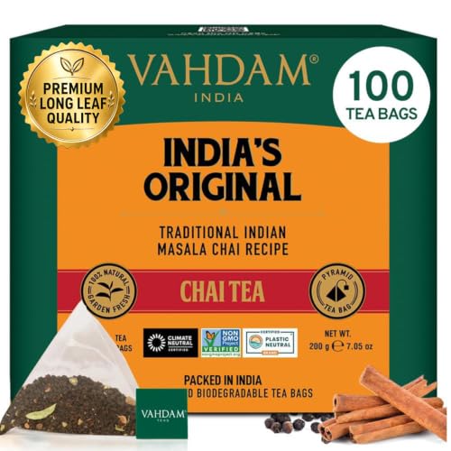 Image of VAHDAM, India's Original Masala Chai Tea Bags (100 Count) No Added Flavoring | Blended w /Exotic Spices | Whole Leaf Tea Bags | Resealable Ziplock Pouch