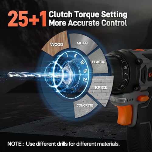 Image of COMOWARE Cordless Drill Set, 20V Electric Power Drill Set,1 Battery & Charger, 3 /8 inch Keyless Chuck, 2 Variable Speed, 266 In-lb Torque, 25+1 Position, Orange