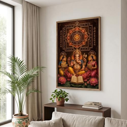 Image of Livin'luxe Ganesh Lakshmi Siddhi Yantra Wall Painting for Living Room Bedroom Pooja Room Decor with Premium Wooden Color Synthetic Frame, Spiritual Hindu Art Gift (13.5 x 19.5) NM01-4087