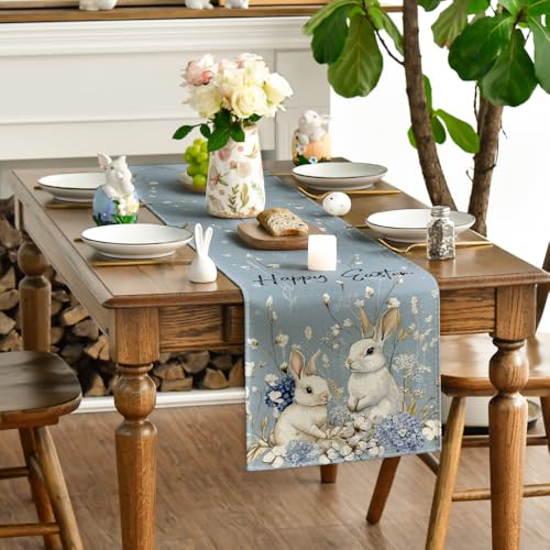 Artoid-Mode-Bunny-Rabbit-Hydrangea-Happy-Easter-Table-Runner-Seasonal-Spring-Kitchen-Dining-Table-Decoration-for-Home-Party-Decor-13×72-Inch Artoid Mode Bunny Rabbit Hydrangea Happy Easter Table Runner Seasonal Spring Kitchen Dining Table Decoration for Home Party Decor 13×72 Inch