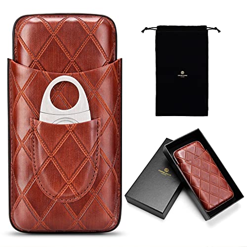 CIGARLOONG Zigarrenetui Leder Zigarre Reise Humidor Halten 3 Röhren mit Zigarrenschneider(Farbe:Braun) Cover