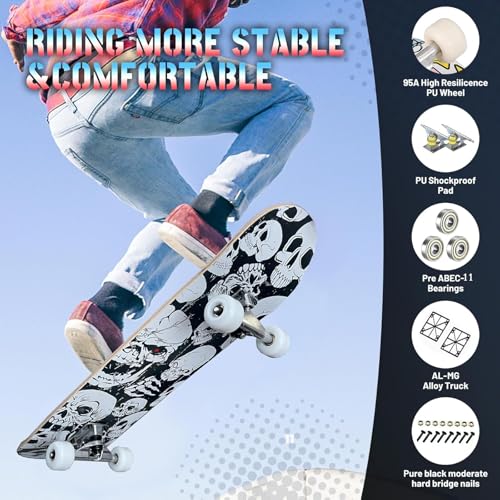 Image of Pro Complete Skateboards for Beginners Girls Boys Kids Youths Teens Adults 31 inchx8 inch Skate Boards 7 Layers Canadian Maple Double Kick Deck Concave Longboard