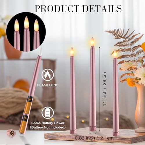 Image of Macarrie 24 Packs Flameless Taper Candles Battery Operated Fake 11 Inch Long Candlelight LED Flameless Candlesticks Flickering Tapered for Summer Fall Wedding(Rose Gold)
