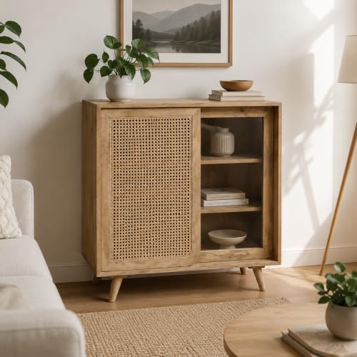 Image of The Attic INES Cabinet, Coffee Table for Living Room, Solid Wood Centre Table with Cane with Sliding Doors, Natural Finish