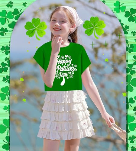 Tkria Girl Crop Tops St. Patrick's Day Short Sleeve Tshirt Irish Shamrock Clover Teen Girls Shirt 6-14 Years2