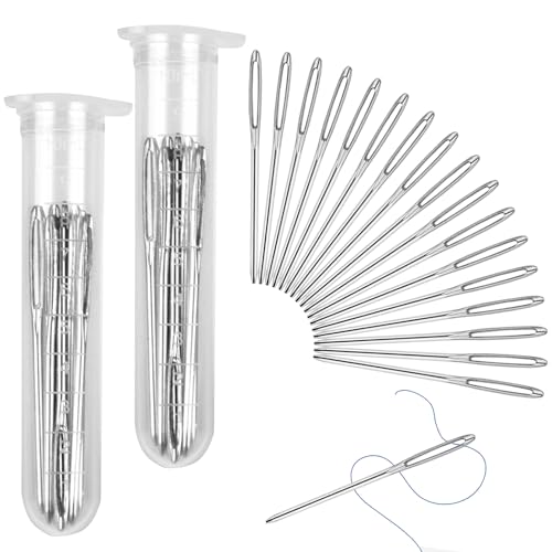 60 Piezas Agujas de Ojo Grande, Agujas de Coser a Mano Agujas de Tejer de Acero Agujas Romas Ojo Grande para Coser a Mano con 2 Tubo de Almacenaje Transparente para Coser Lana Tela Cuero