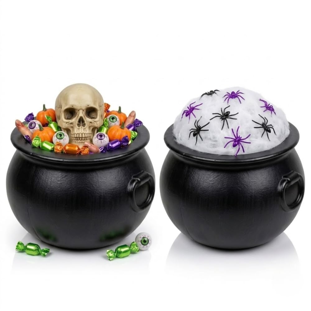PMU 2 Pcs Halloween Cauldron 10 Inch Witch Plastic Black Cauldron for Home Decoration Party Favors