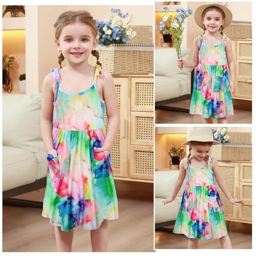 Vieille Toddler Girls Summer Sling Dress Tie Straps Sleeveless Casual Beach Sundress with Pockets 2-6 Years2