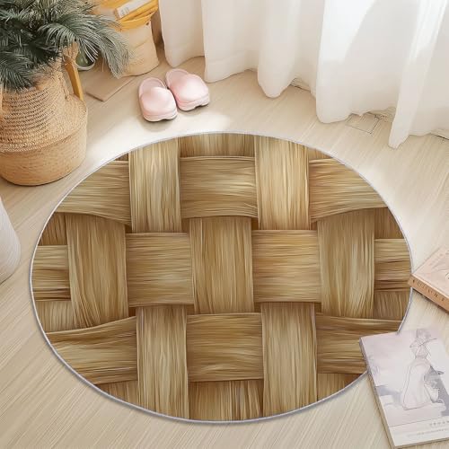 Generico Tappeto rotondo antiscivolo Strisce Di Salice Intrecciate Retrò, Lavabile in lavatrice - Per camera da letto soggiorno cucina - Decorazione per la casa - 100 cm Giallo Brunastro