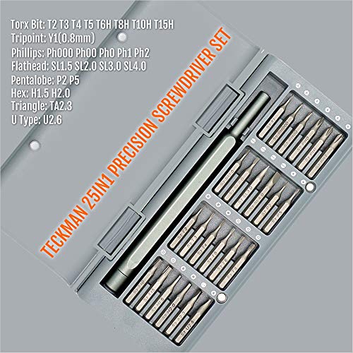 Precision Screwdriver Set,TECKMAN 25in1 Small Screwdriver Set with T2 T3 T4 T5 T6 T8 T10 T15 Torx,P2 P5 Pentalobe and Phillips,Slotted Bit Set for iPhone,Macbook,Xbox,PS4,Garmin,Eyeglass