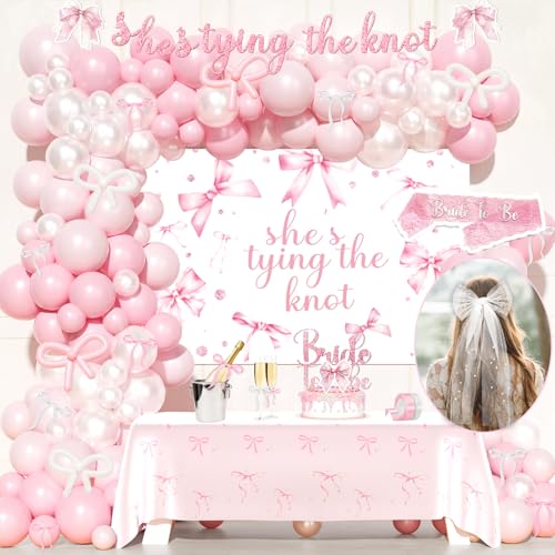Party Inspo Shes Tying The Knot Bridal Shower Decorations 108 PCs Pink Bow Party Supplies with Backdrop Banner Balloon Garland Tablecloth Cake Topper Sash Ribbon Veil