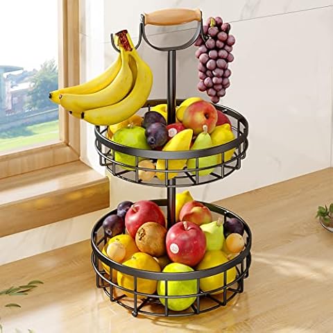 2-Tier Fruit Basket Bowl Vegetable Storage with Dual Banana Tree Hanger and Wood Lift Handle, Kitchen Countertop Metal Wire Basket for Bread Onions Potatoes (Black, 2 Tier) Cover