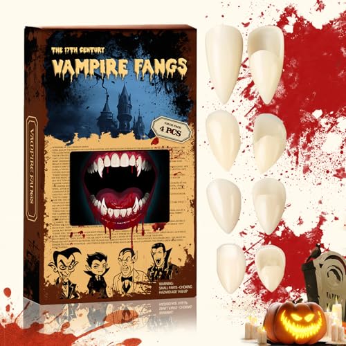 Vampire Teeth Fangs for Adults – 4 Pairs Halloween Vampire Fangs for Cosplay with Adhesive, Costume Makeup Accessories for Men & Women Halloween Party