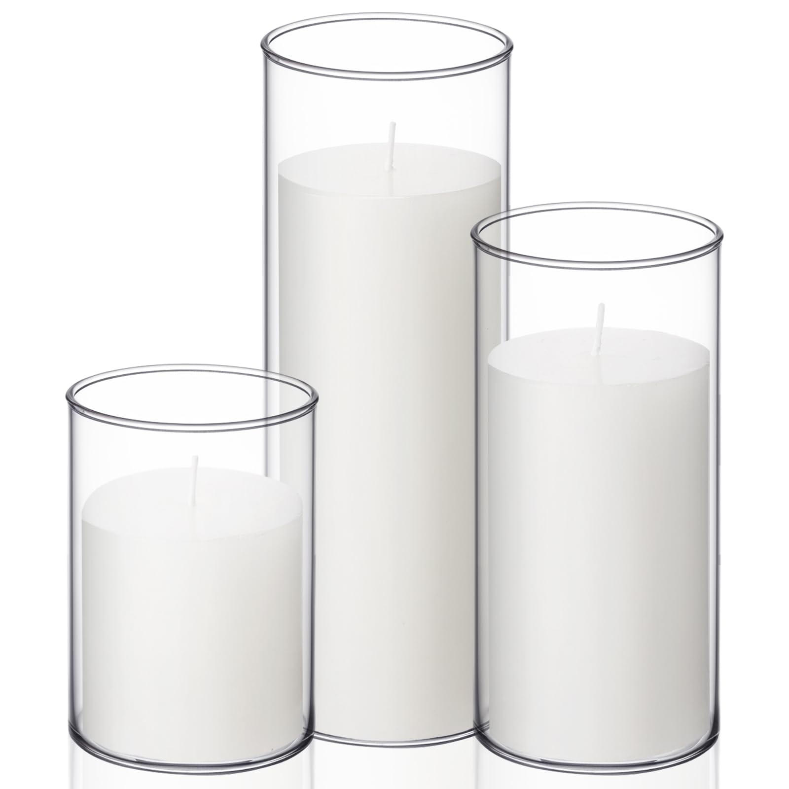 Shihanee Set of 3 White Pillar Candles and 3 Glass Cylinder Candle Holders for Slim Candles Wedding Halloween Thanksgiving Day Christmas Centerpieces, 3.4'' x 4.7", 7", 9.8"