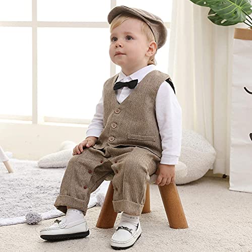 Baby Boy Suit Outfits Set 3pcs,Infant Tuxedo Long Sleeve Gentleman Wedding Jumpsuit & Vest Coat & Beret Hat