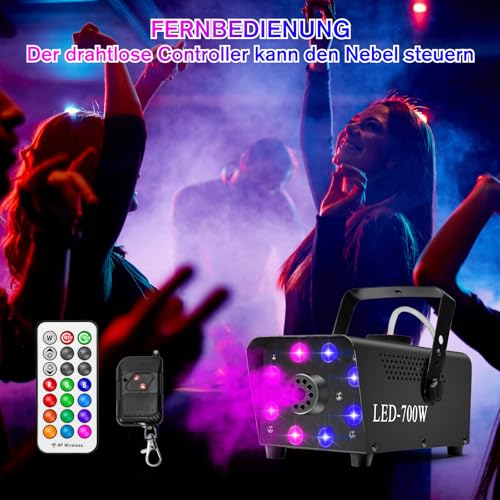 Katomi 700W Nebelmaschine RGB Effekt,13 Farbigen 8 LED Licht Smoke Machine,Mini Fog Rauchmaschine mit 2 kabelgebundenen und Funkfernbedienungen für DJ Disco Party,Halloween,Hochzeiten Weihnachten