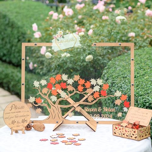 Image of Personalized Maple Tree Wedding Guest Book Alternative, Fall Leaf Drop Box | Rustic fall wedding decor; guests sign leaves to drop in wooden frame; personalized keepsake tree guest book alternative