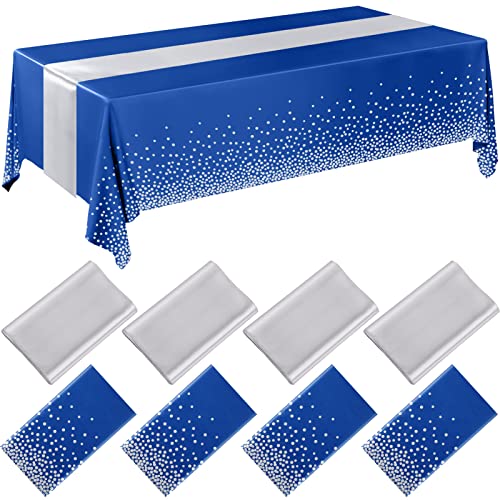 Image of Breling 8 Pack Navy Blue and Silver Disposable Plastic Tablecloths and Satin Table Runner, 54 x 108 Inch Tablecloth, 12 x 108 Inch Table Runners for Wedding Graduation Birthday Baby Shower New Year