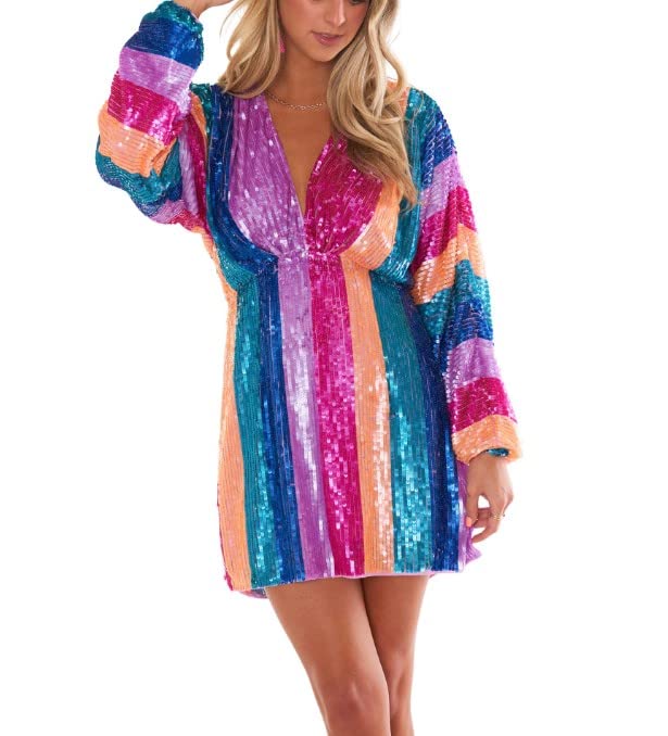 Show Me Your Mumu womens Shimmy Mini Cocktail Dress, Neon Stripe Sequins, Medium