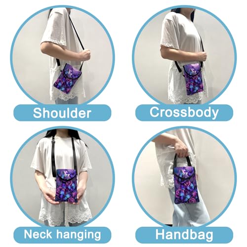 Image of Neoprene Cell Phone Sleeve Pouch Case Bag with Crossbody Strap Neck Lanyard for Women 7.5 X 4.3 in Purple Butterfly