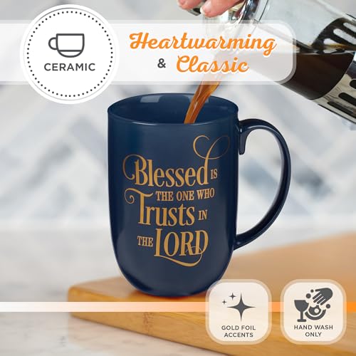 Image of Christian Art Gifts Ceramic Large Coffee & Tea Mug for Men & Women: Blessed is the One Who Trusts - Jeremiah 17:7 Inspirational Bible Verse w /Golden Accents & Sturdy Handle, Navy Blue, 15 fl. oz.