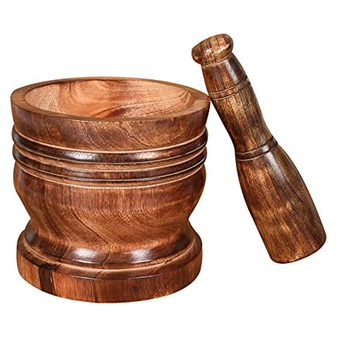 Wooden Mortar & Pestle Set,Rustic Handmade Mortar, Herb Spice Grinder Masala, Mixer Manual Kharal Mashing Bowl Seasonings, Pill Crusher, Kitchen Utensils, Garlic Press, Coffee Grinder - Natural Burnt Cover